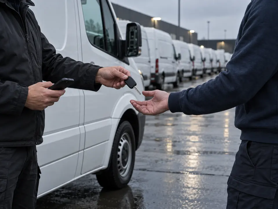 Van keys handed from one person to another beside a white van at a depot
