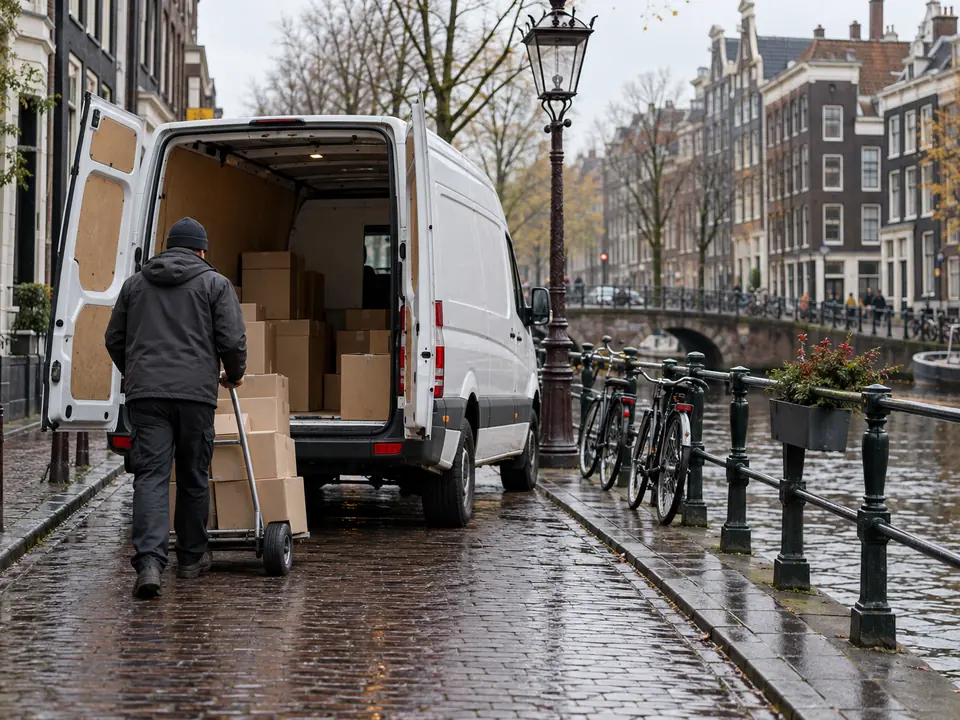 A driver wheels parcels from a white van on an Amsterdam canal street
