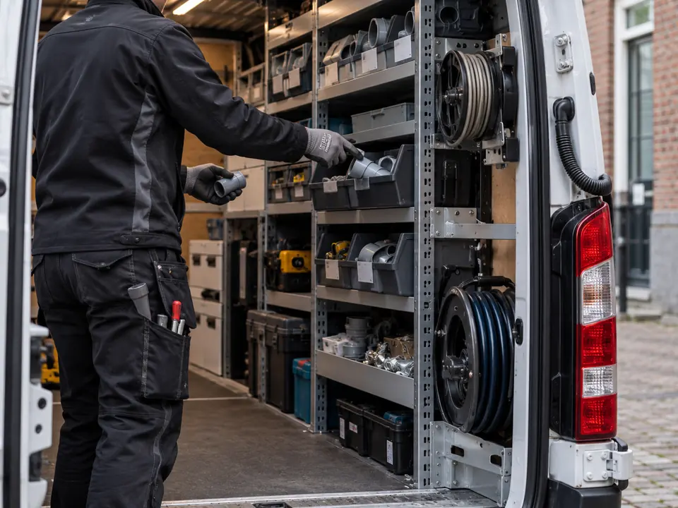 A technician takes a part from racked shelving in the back of a service van