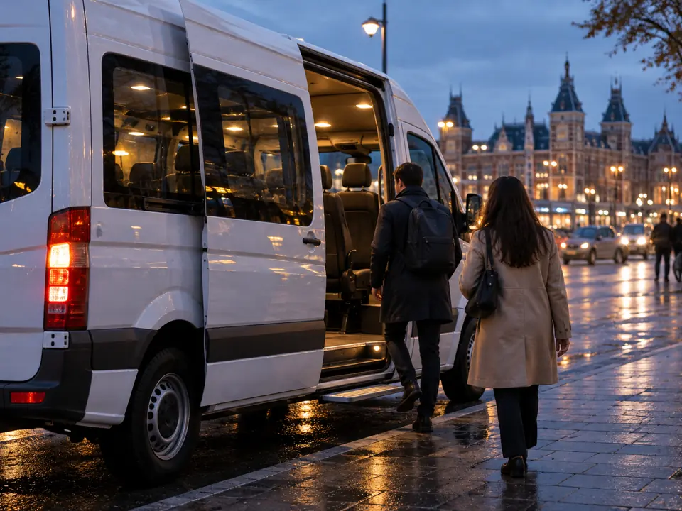 Passengers walk to a white minibus waiting at a city pick-up point at dusk