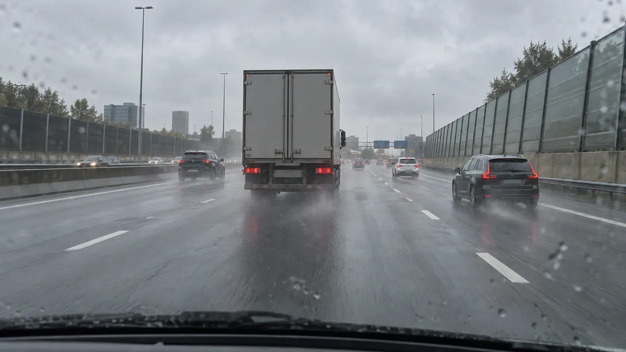 Road-facing dashcam view in light rain, a box truck close ahead in the same lane
