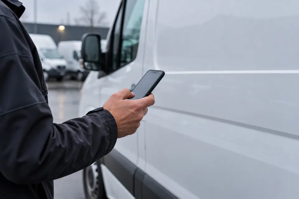 An operator holds a smartphone beside the side of a white van