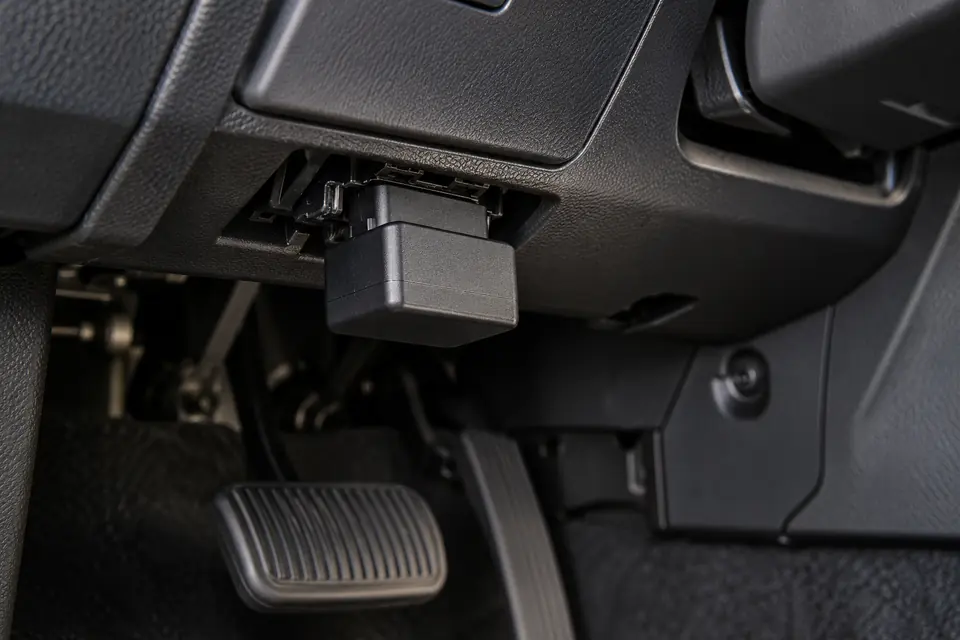 A small GPS tracker plugged into the diagnostic port under a van dashboard