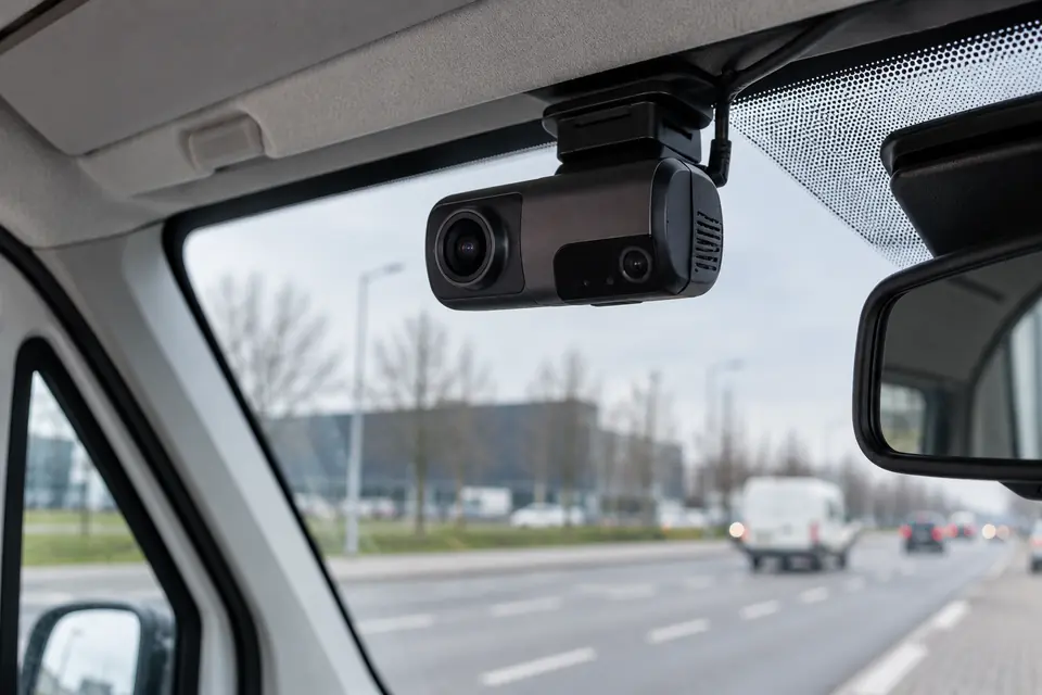 A dual-lens camera mounted behind a van windscreen