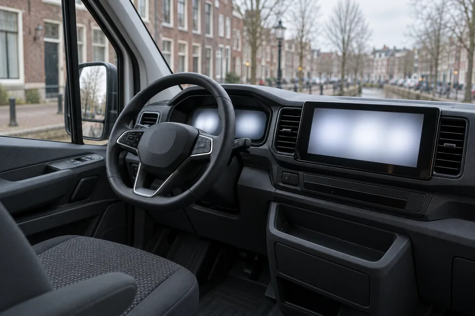 The cab of a modern van with its factory digital cockpit, no device added