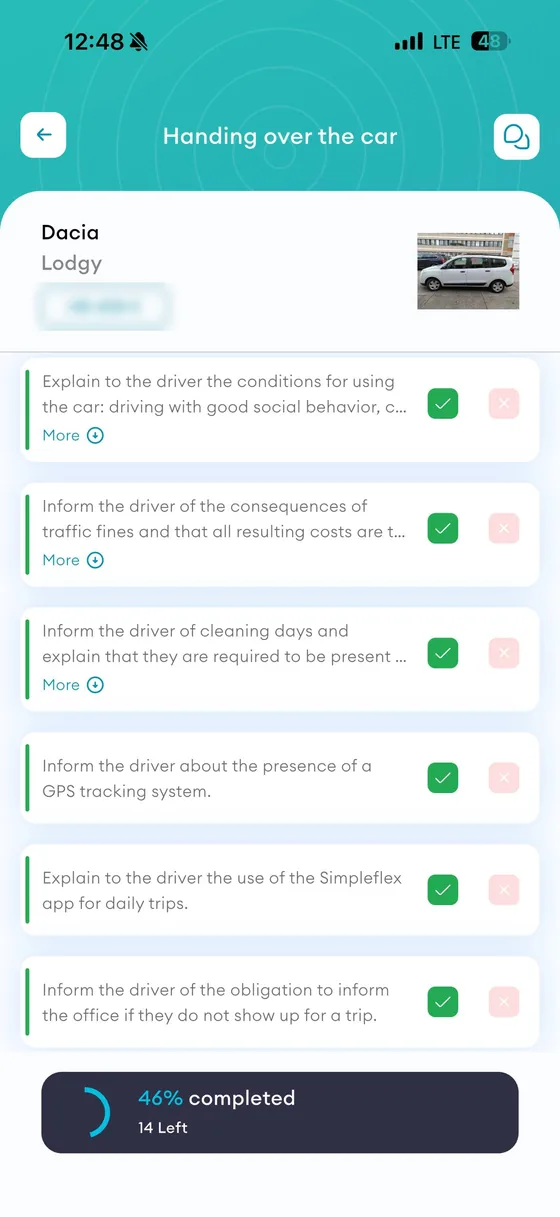 Operator app: handover checklist, 46% completed