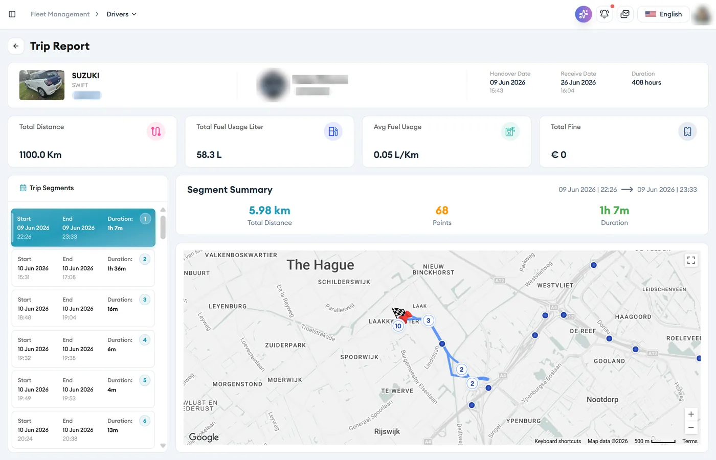 Admin panel: trip report with segments and the route on a map