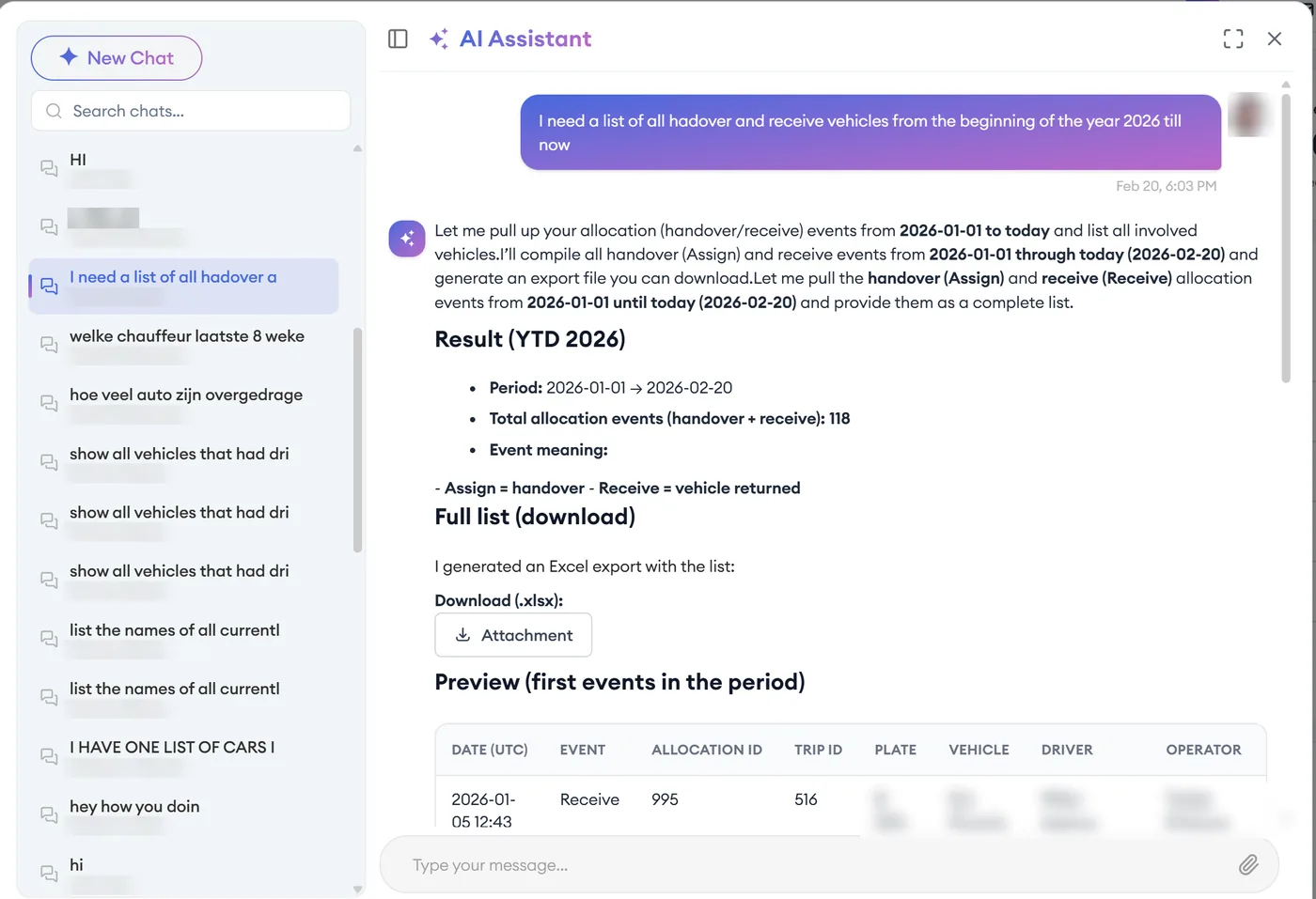 Admin panel: the AI assistant lists every handover and receive event of 2026 and prepares an Excel export