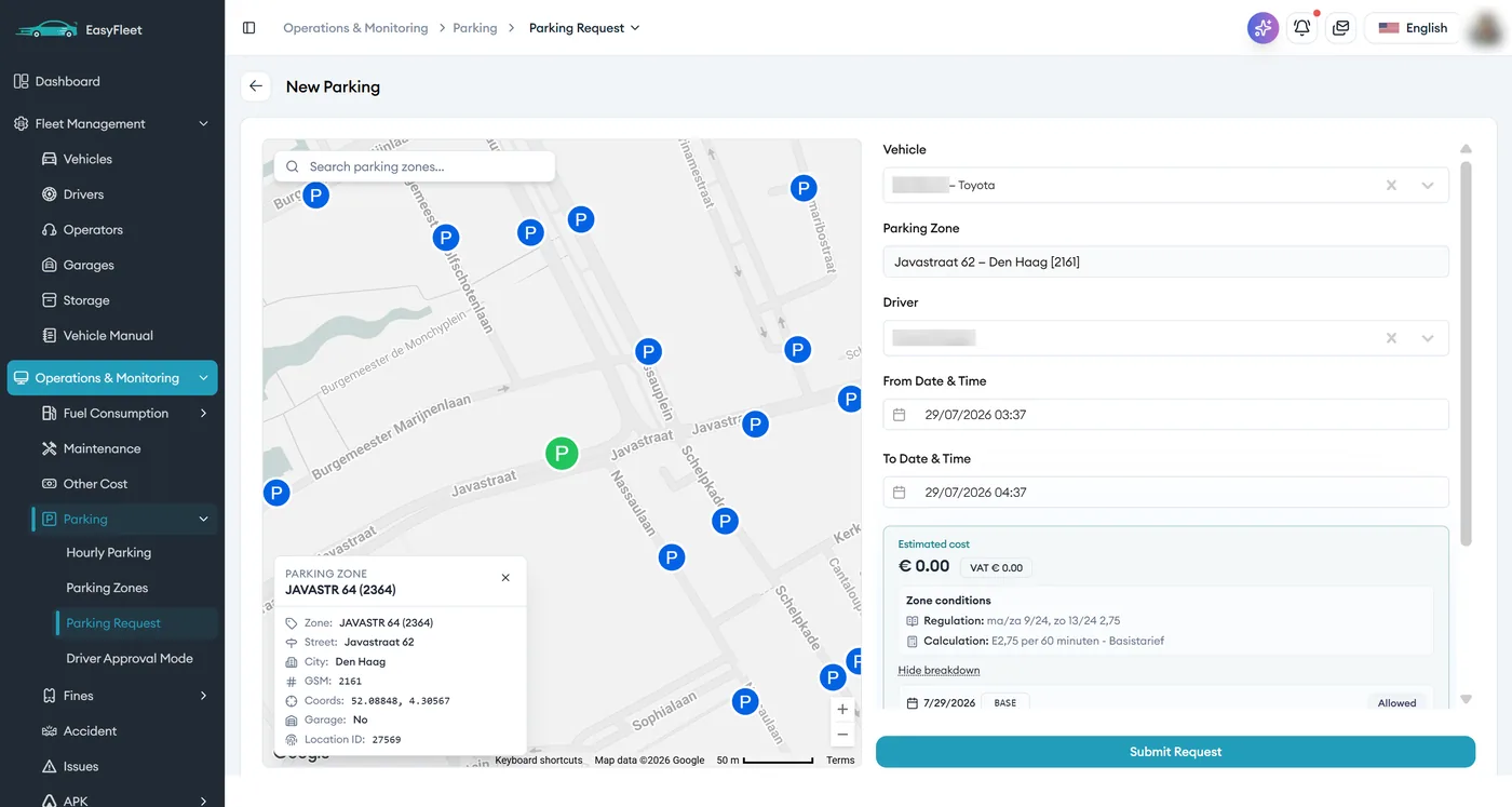Admin panel: new parking request with the city's parking zones on a map and the zone's tariff