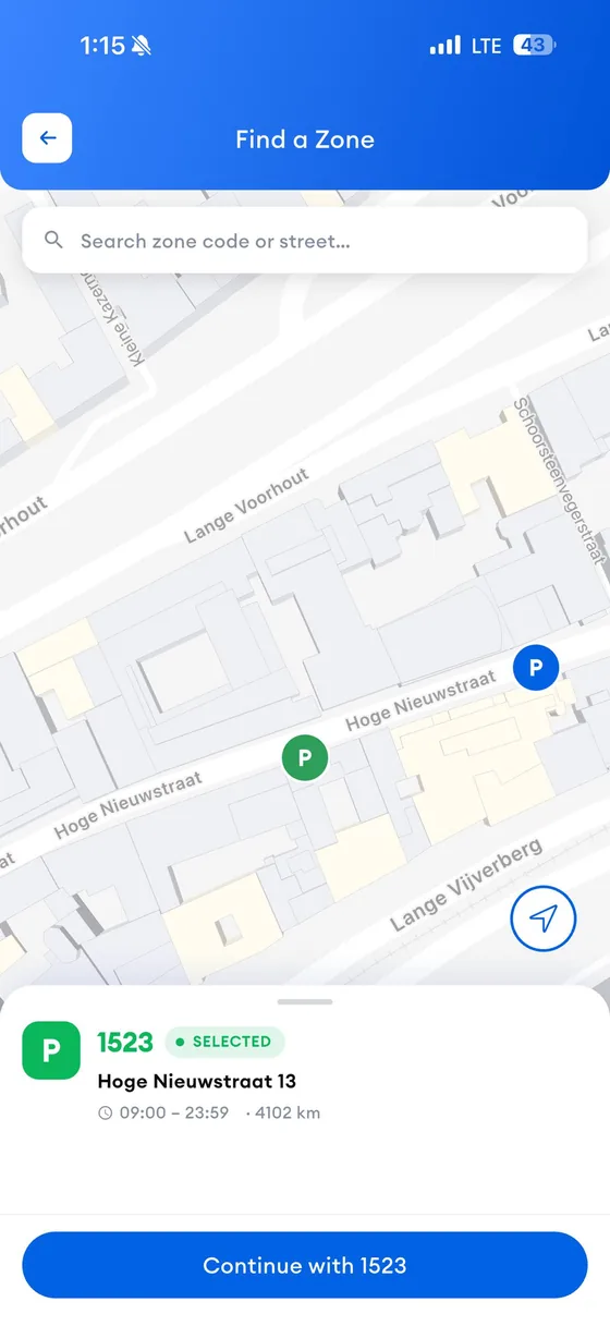 Driver app: find a parking zone, zone 1523 on Hoge Nieuwstraat selected