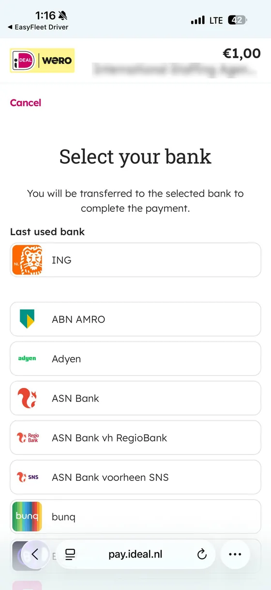 Driver app: paying a fine through iDEAL and Wero, bank selection