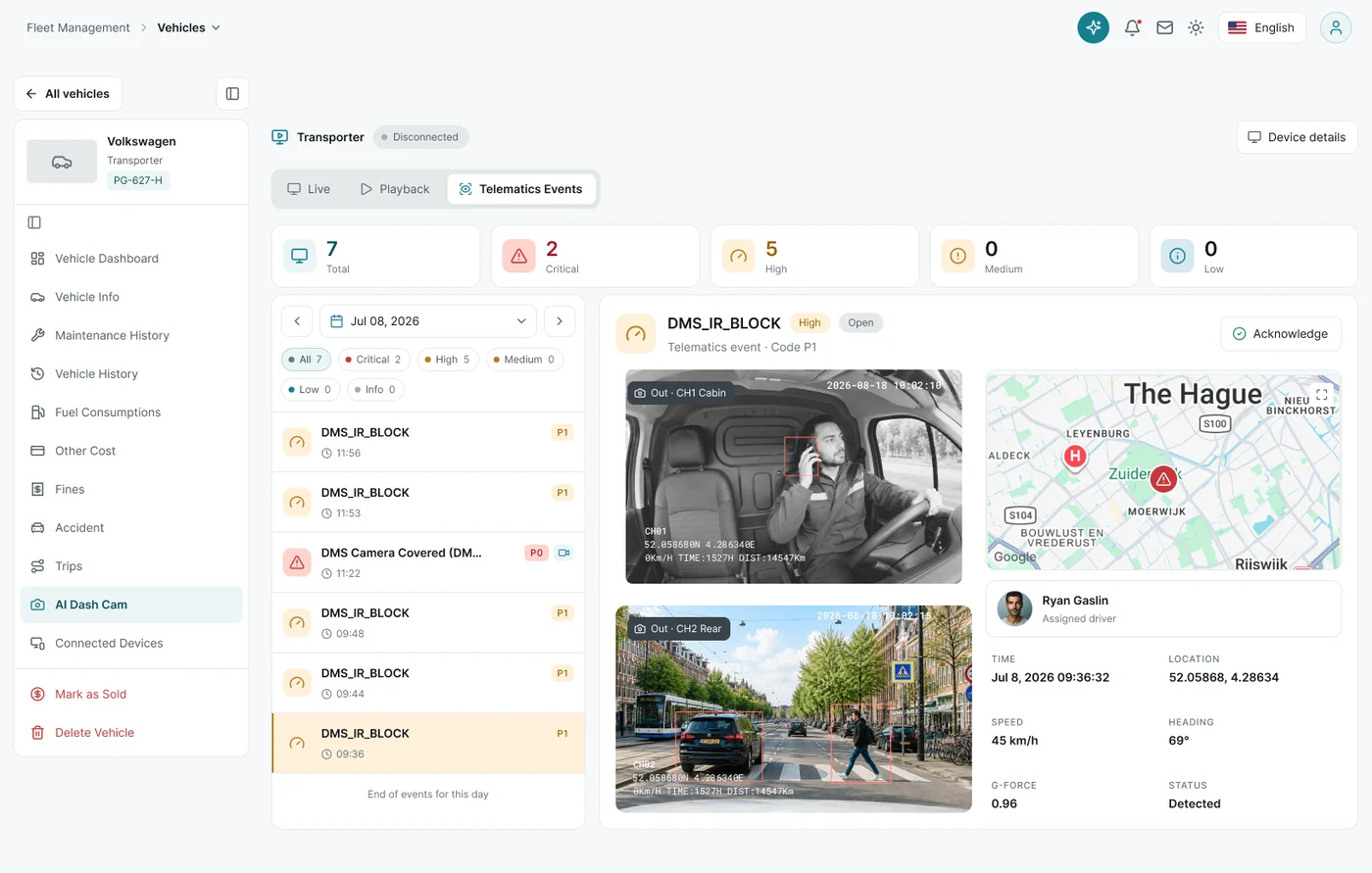 Admin panel: an AI dash cam event with footage from the cabin and road cameras, detections marked, the event on a map of The Hague and the assigned driver
