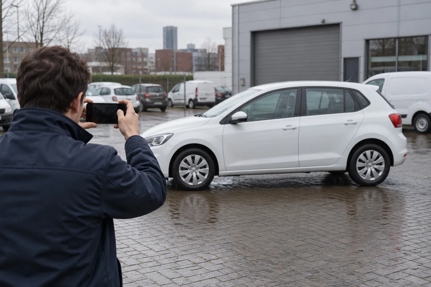 An operator photographs a white hatchback with a smartphone at a depot on a wet morning