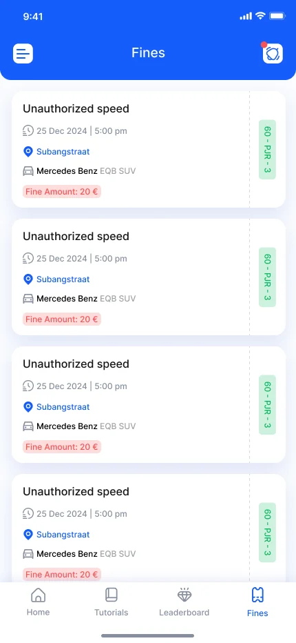 Driver app: the list of fines with date, place, vehicle and amount