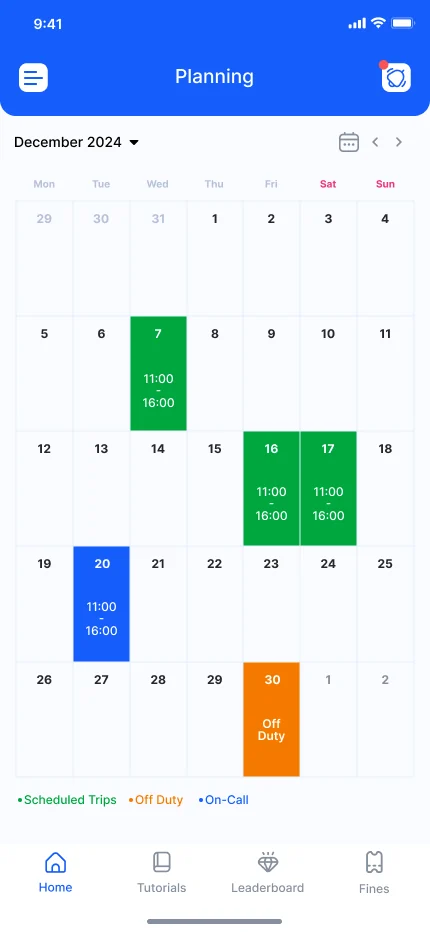 Driver app: the planning calendar with scheduled trips, on-call and off-duty days