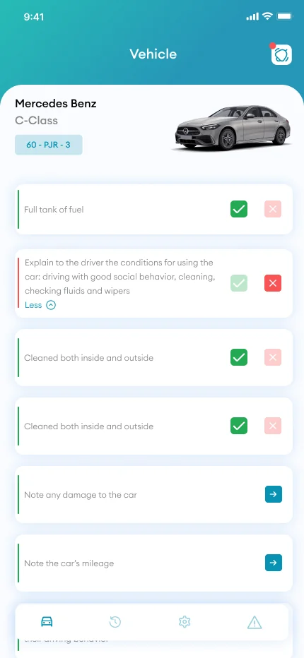 Operator app: the vehicle checklist with passed and failed items