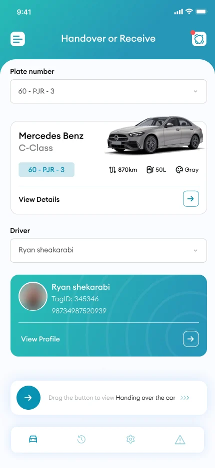 Operator app: handover or receive, with the vehicle and the driver picked