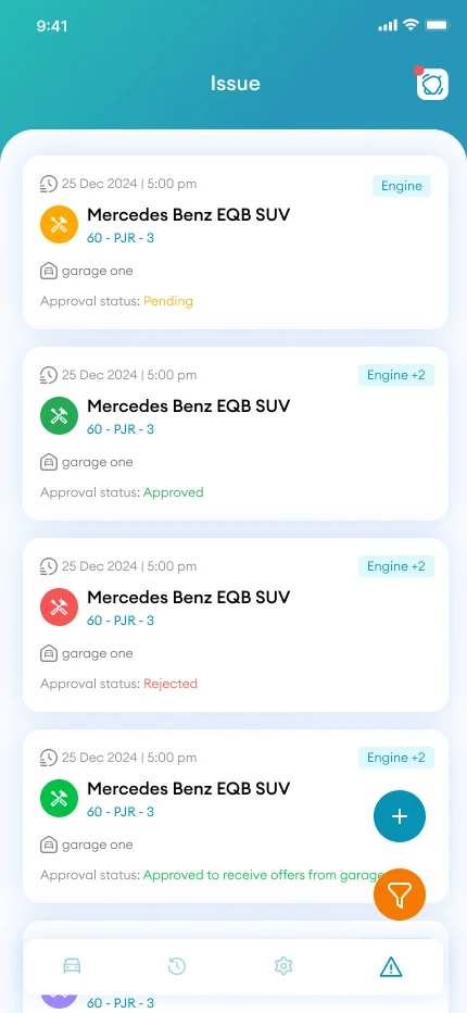 Operator app: the issue list with the approval status of each repair